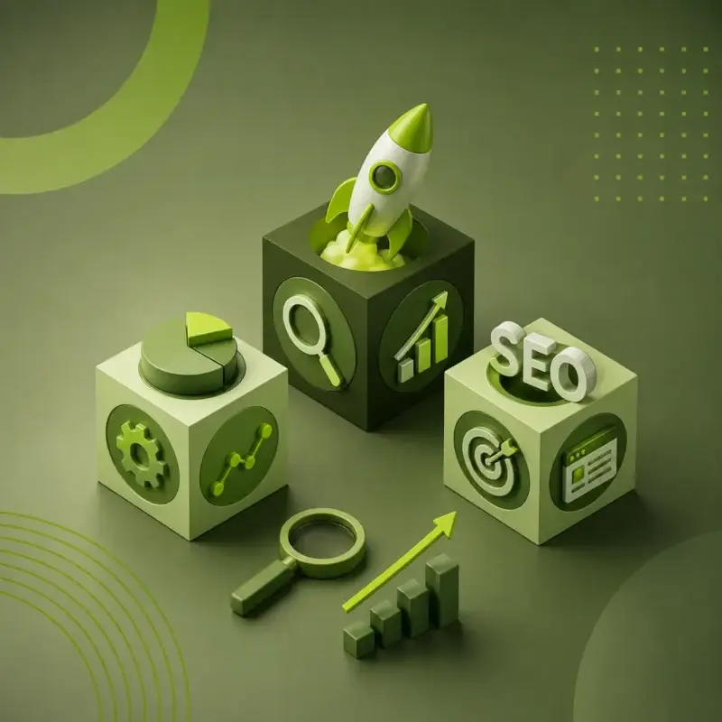 SEO strategy concept with green isometric search ranking blocks for sustainable brand websites